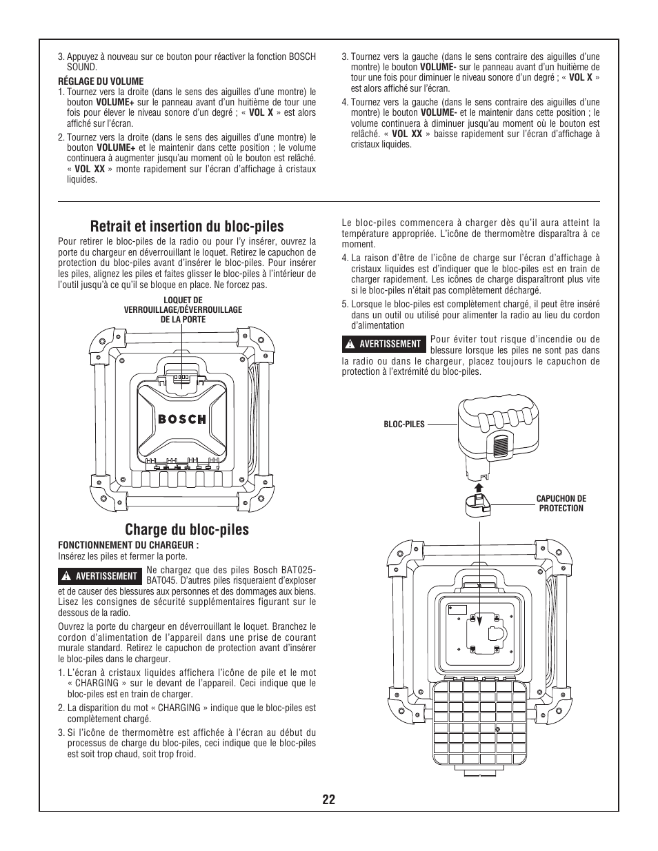 Retrait et insertion du bloc-piles, Charge du bloc-piles | Bosch PB10-CD User Manual | Page 22 / 40