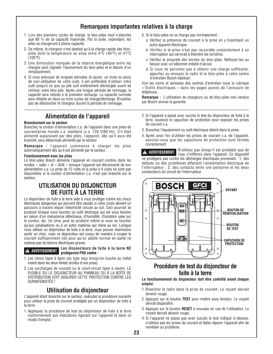 Utilisation du disjoncteur de fuite à la terre, Utilisation du disjoncteur | Bosch PB10-CD User Manual | Page 23 / 40