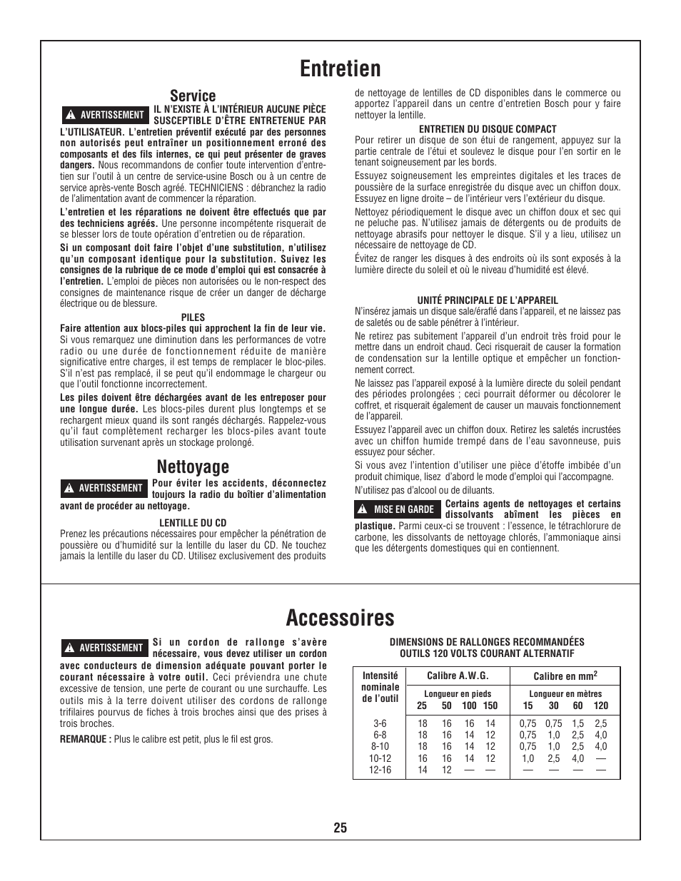 Entretien accessoires, Nettoyage, Service | Bosch PB10-CD User Manual | Page 25 / 40