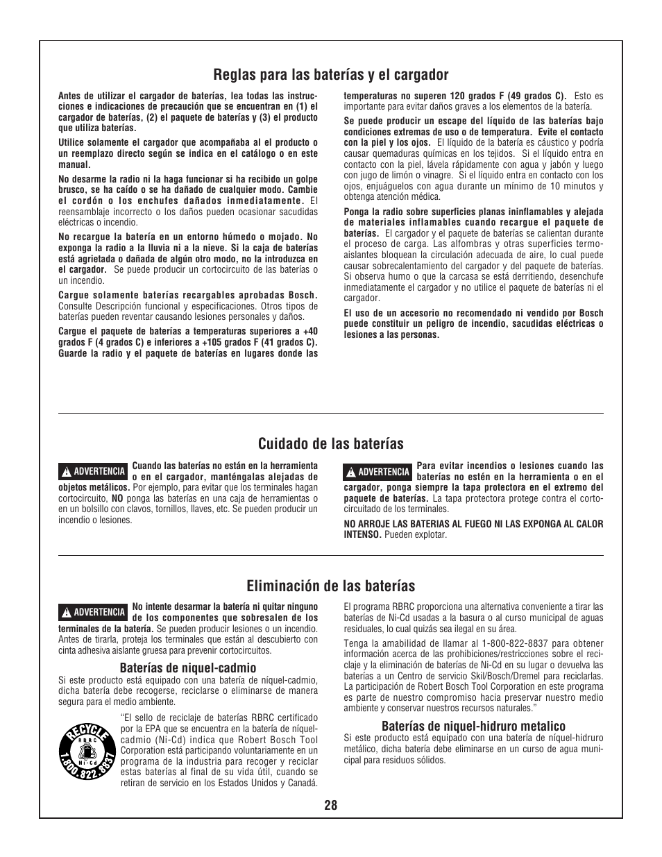 Reglas para las baterías y el cargador | Bosch PB10-CD User Manual | Page 28 / 40