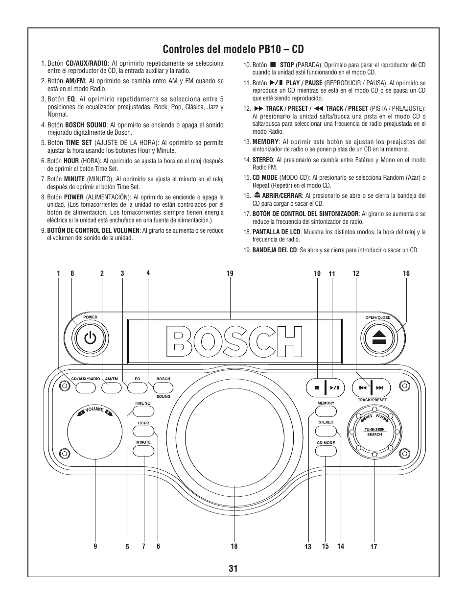 Controles del modelo pb10 – cd | Bosch PB10-CD User Manual | Page 31 / 40