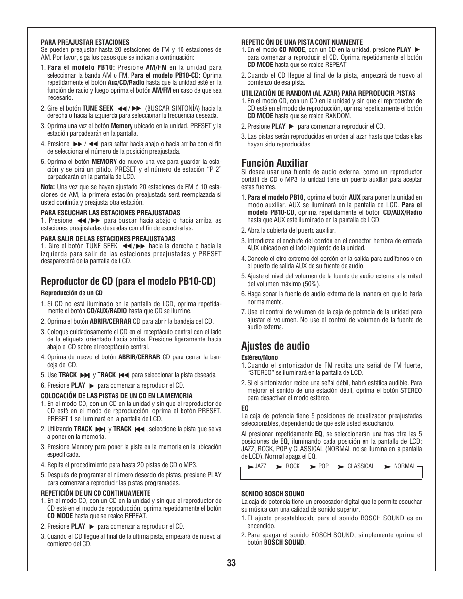 Función auxiliar, Ajustes de audio, Reproductor de cd (para el modelo pb10-cd) | Bosch PB10-CD User Manual | Page 33 / 40
