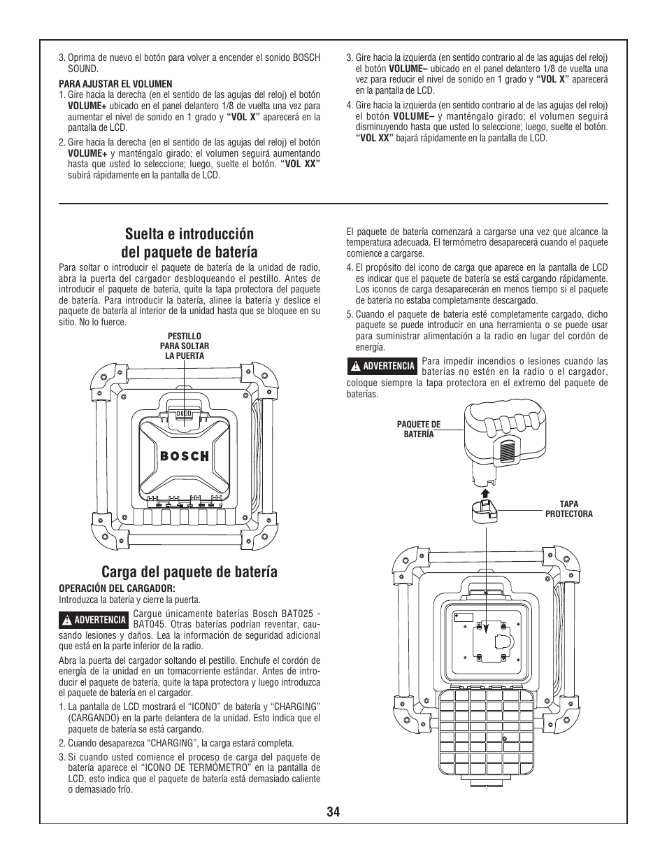 Suelta e introducción del paquete de batería, Carga del paquete de batería | Bosch PB10-CD User Manual | Page 34 / 40
