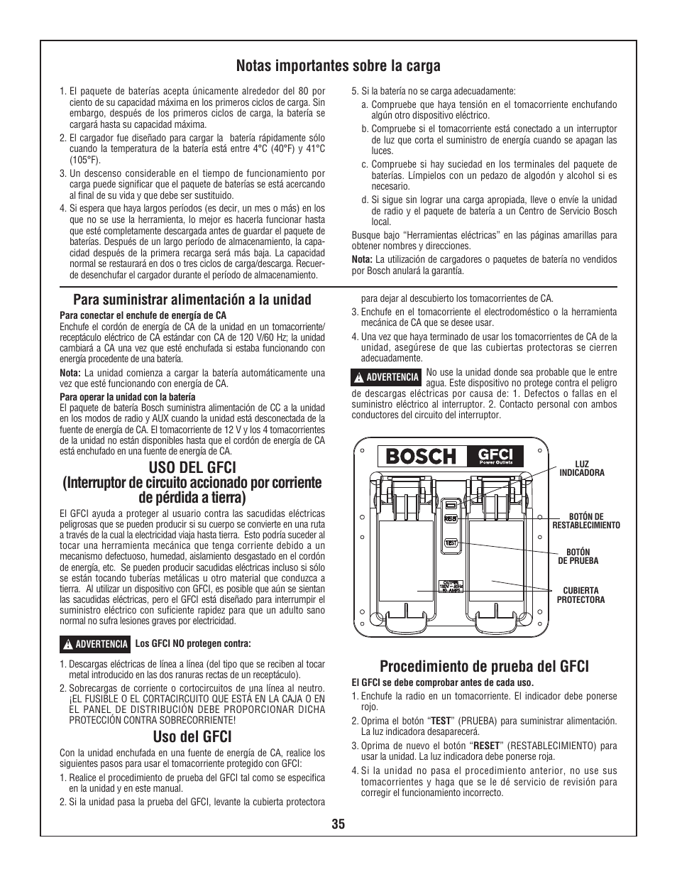 Notas importantes sobre la carga, Uso del gfci, Procedimiento de prueba del gfci | Para suministrar alimentación a la unidad | Bosch PB10-CD User Manual | Page 35 / 40