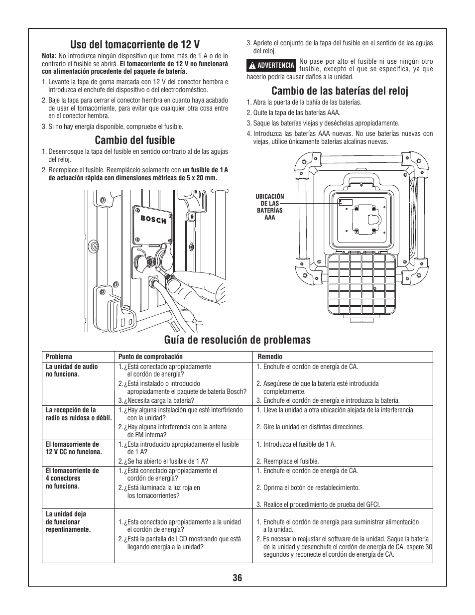 Uso del tomacorriente de 12 v, Cambio del fusible, Cambio de las baterías del reloj | Guía de resolución de problemas | Bosch PB10-CD User Manual | Page 36 / 40
