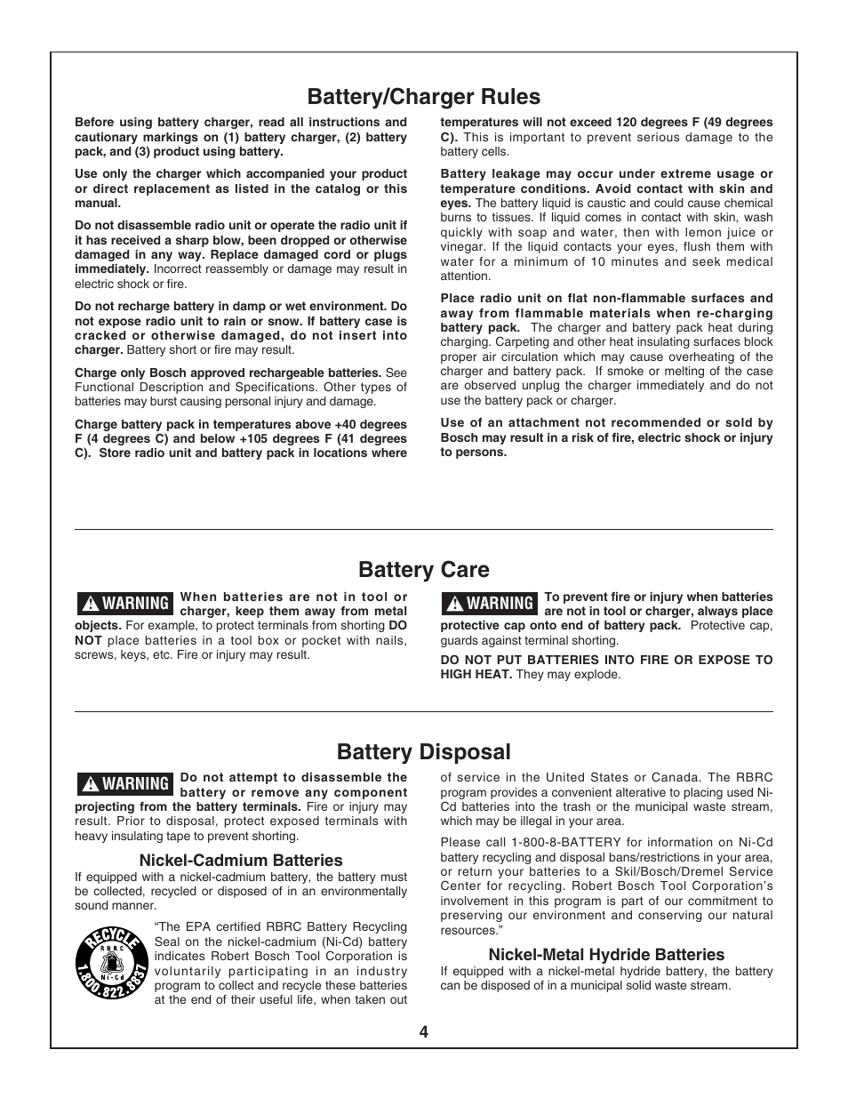 Battery/charger rules, Battery care battery disposal | Bosch PB10-CD User Manual | Page 4 / 40