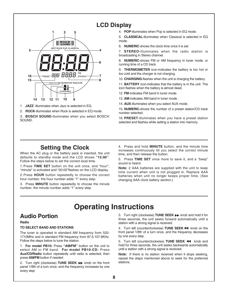 Operating instructions, Lcd display, Setting the clock | Audio portion | Bosch PB10-CD User Manual | Page 8 / 40