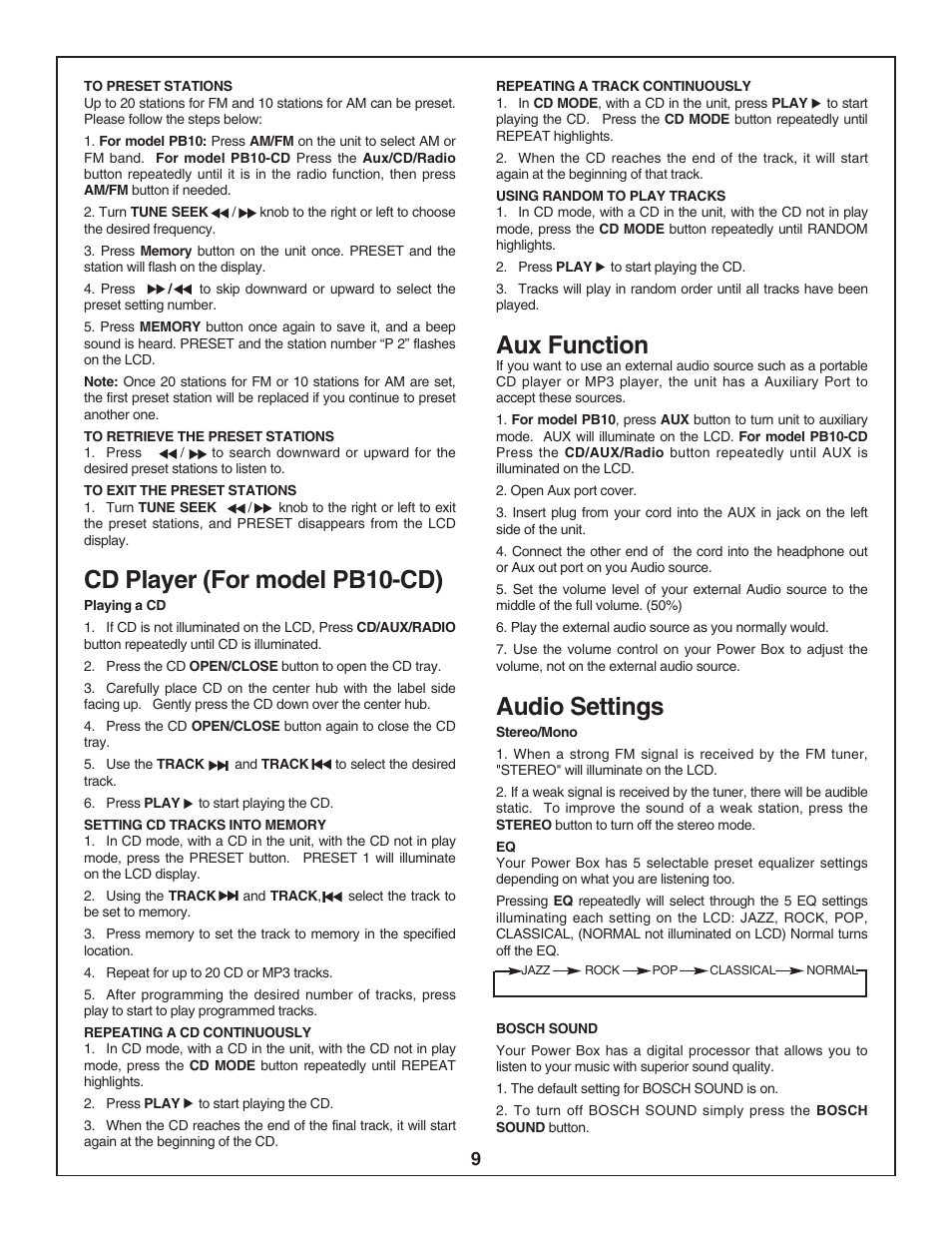 Cd player (for model pb10-cd), Aux function, Audio settings | Bosch PB10-CD User Manual | Page 9 / 40