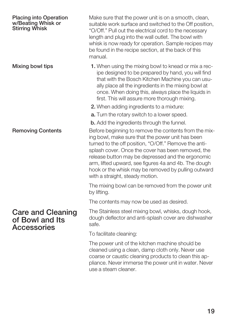 Care and cleaning of bowl and its accessories | Bosch MUM 4750 UC User Manual | Page 19 / 38