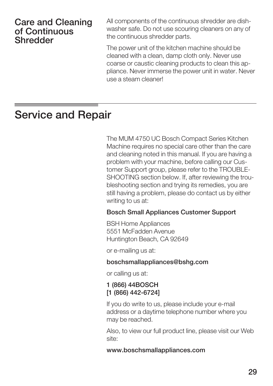 Service and repair, Care and cleaning of continuous shredder | Bosch MUM 4750 UC User Manual | Page 29 / 38
