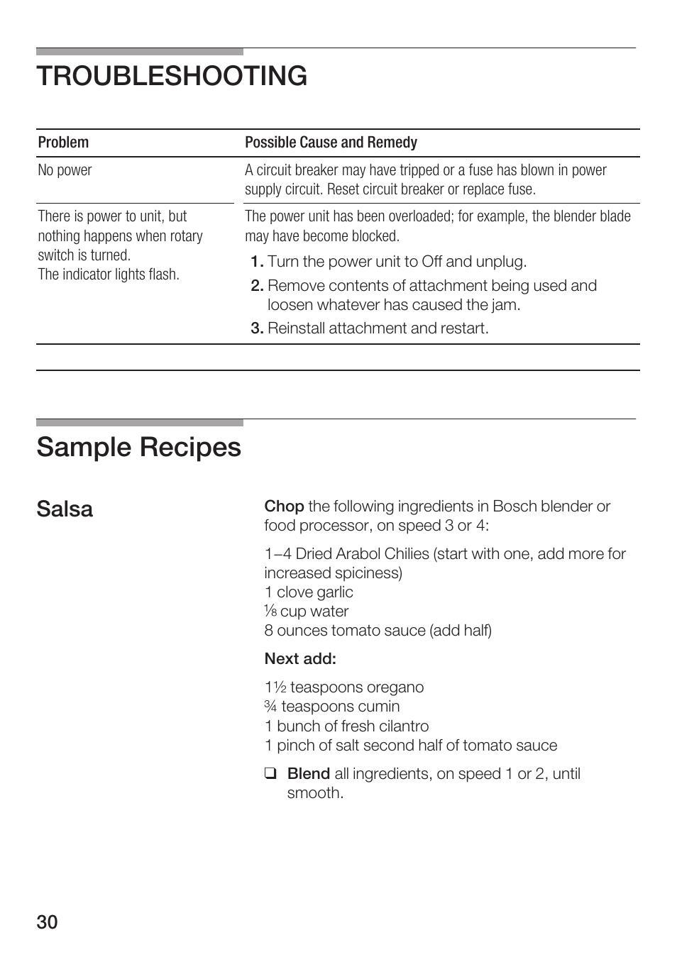Troubleshooting, Sample recipes, Salsa | Bosch MUM 4750 UC User Manual | Page 30 / 38