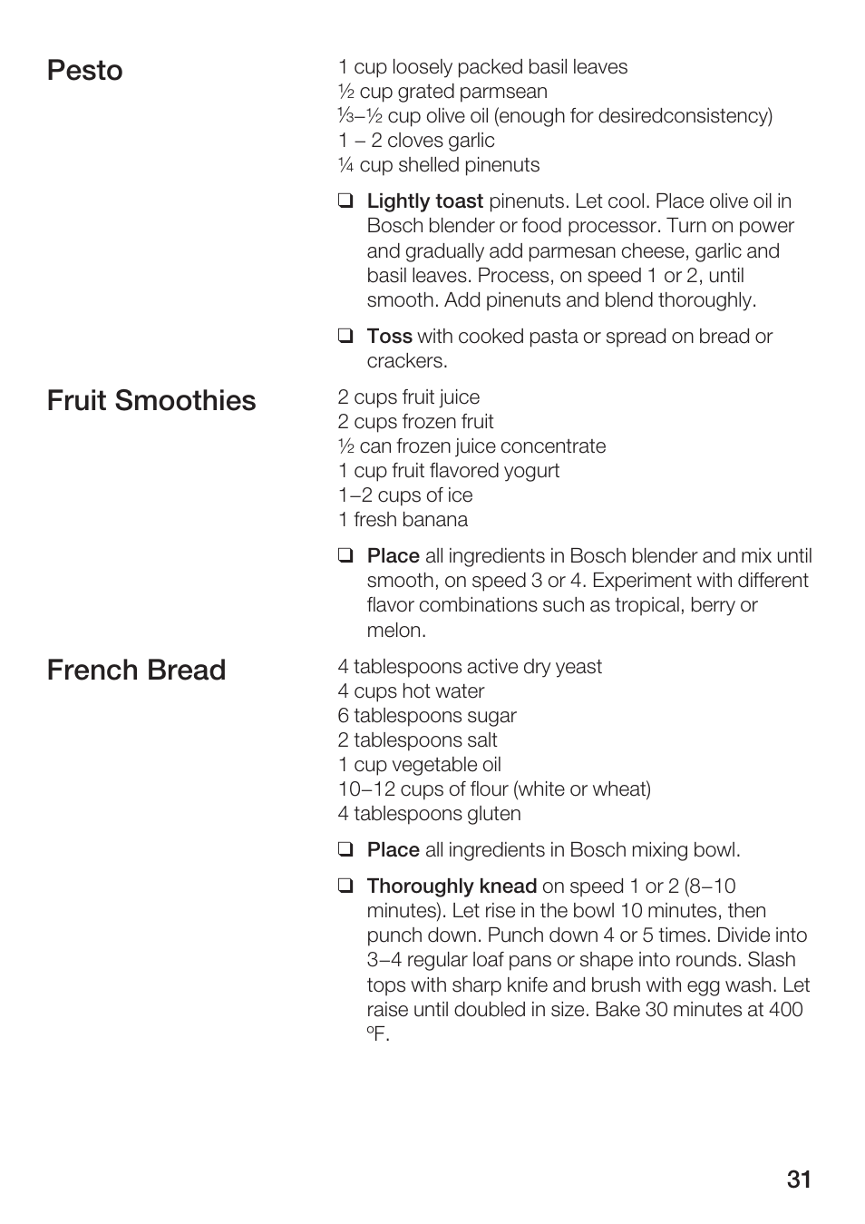 Pesto fruit smoothies french bread | Bosch MUM 4750 UC User Manual | Page 31 / 38