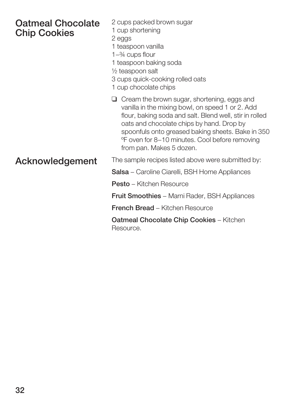 Oatmeal chocolate chip cookies acknowledgement | Bosch MUM 4750 UC User Manual | Page 32 / 38