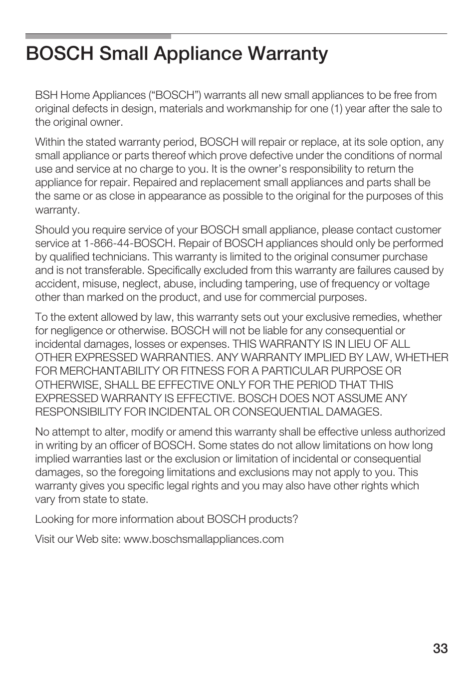 Bosch small appliance warranty | Bosch MUM 4750 UC User Manual | Page 33 / 38