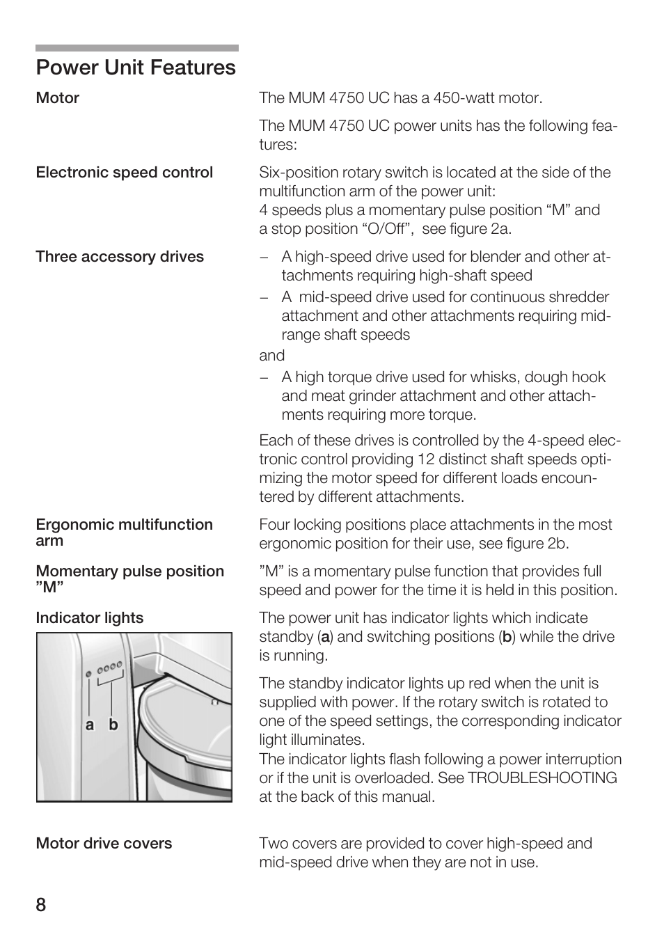 Power unit features | Bosch MUM 4750 UC User Manual | Page 8 / 38