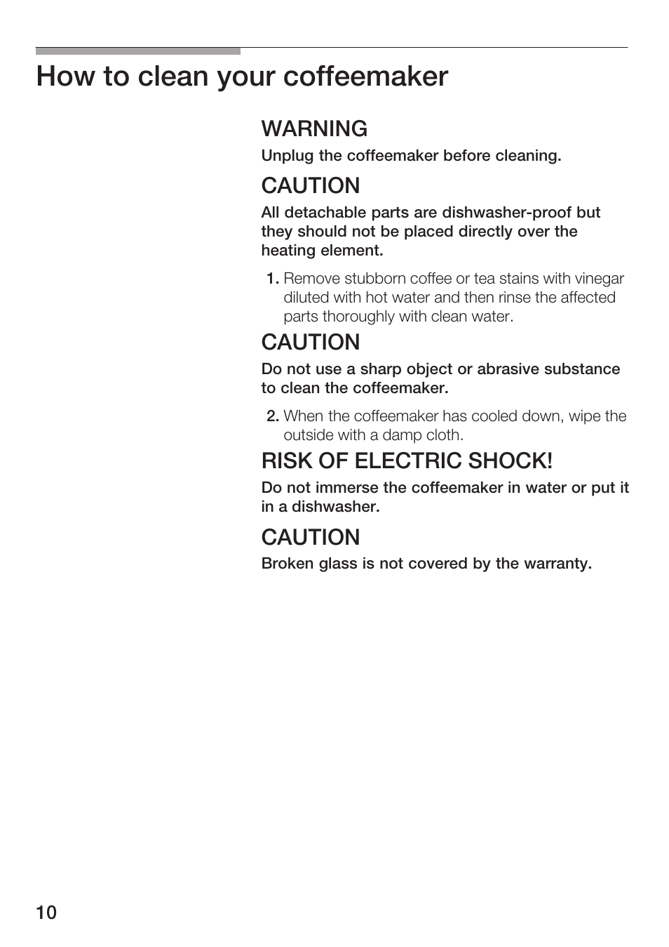 How to clean your coffeemaker, Warning, Caution | Risk of electric shock | Bosch TKA 280. UC User Manual | Page 10 / 13