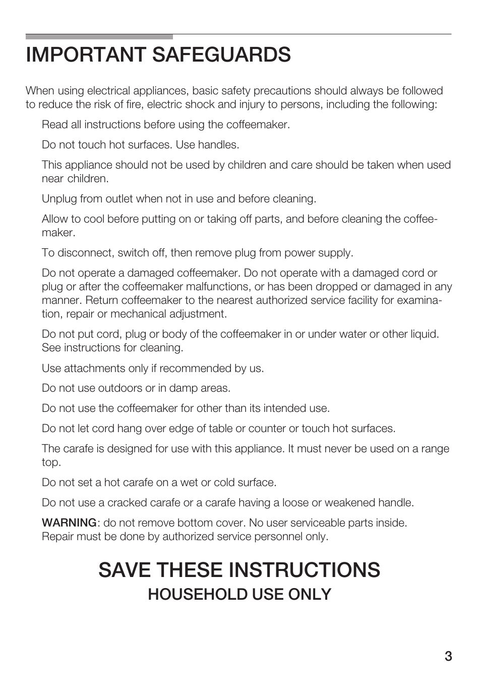 Important safeguards, Save these instructions, Household use only | Bosch TKA 280. UC User Manual | Page 3 / 13