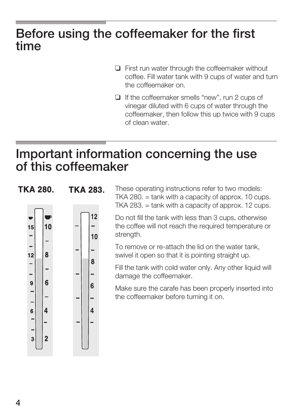 Before using the coffeemaker for the first time | Bosch TKA 280. UC User Manual | Page 4 / 13
