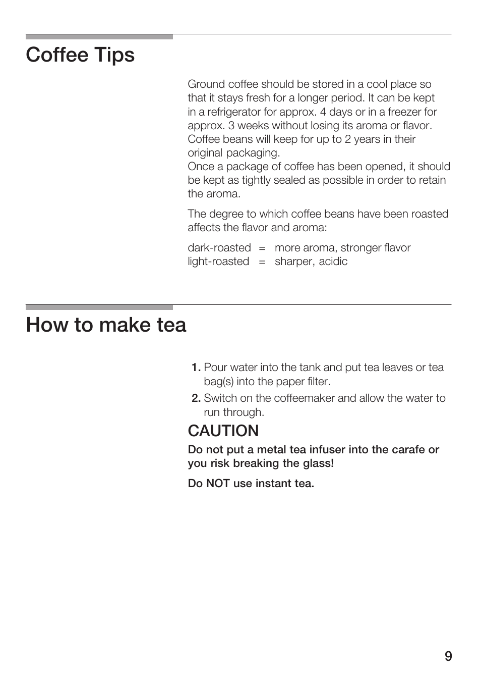 Coffee tips, How to make tea, Caution | Bosch TKA 280. UC User Manual | Page 9 / 13