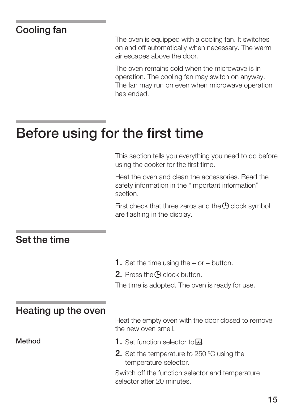 Before using for the first time, Cooling fan set the time heating up the oven | Bosch HBC84K5.0A User Manual | Page 15 / 52