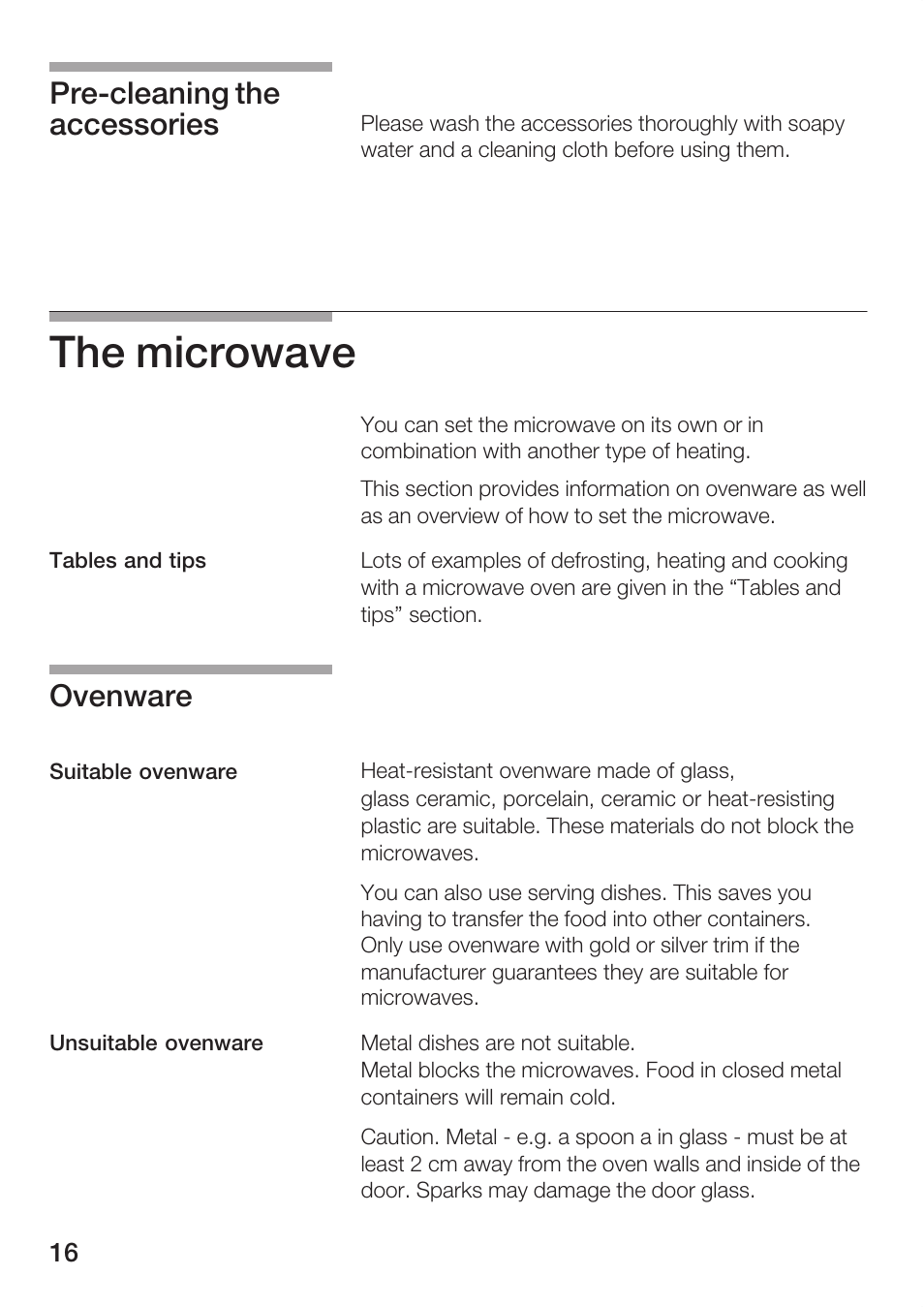 The microwave, Prećcleaning the accessories, Ovenware | Bosch HBC84K5.0A User Manual | Page 16 / 52