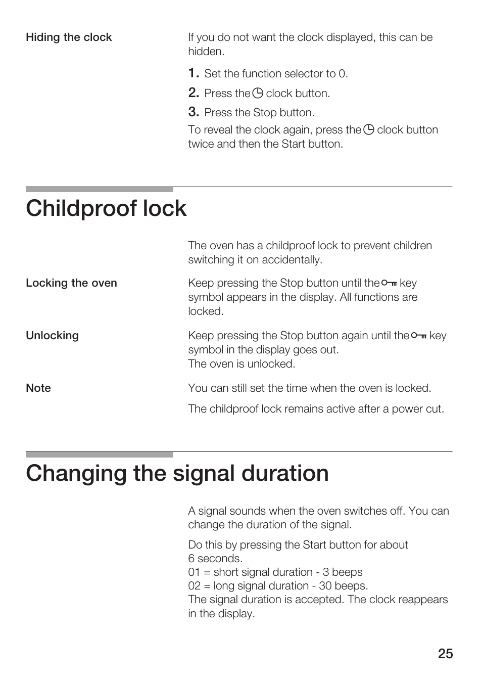 Childproof lock, Changing the signal duration | Bosch HBC84K5.0A User Manual | Page 25 / 52