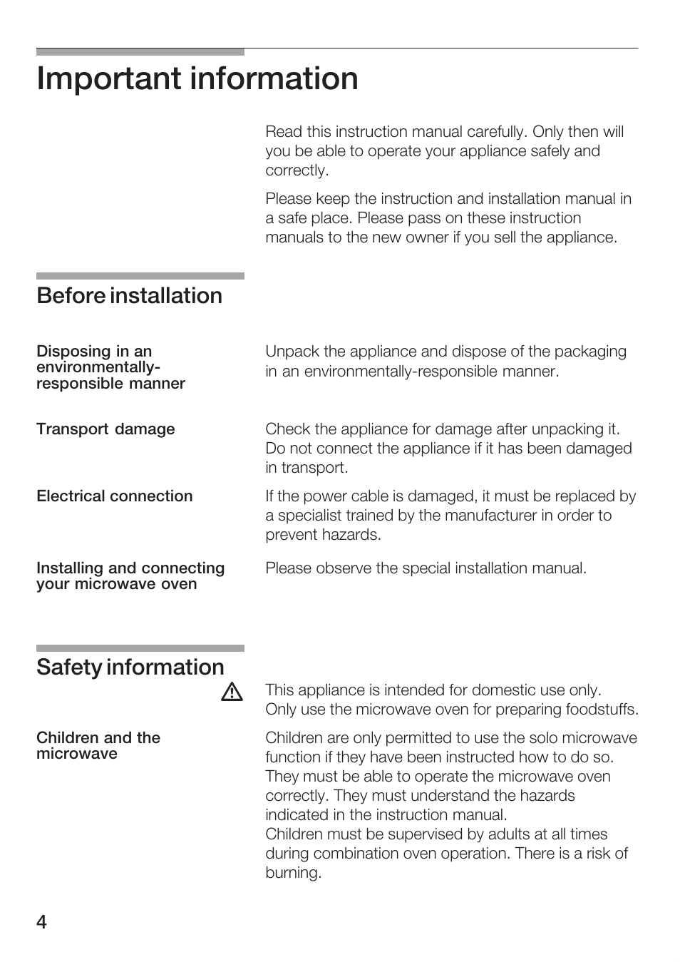 Important information, Before installation, Safety information | Bosch HBC84K5.0A User Manual | Page 4 / 52
