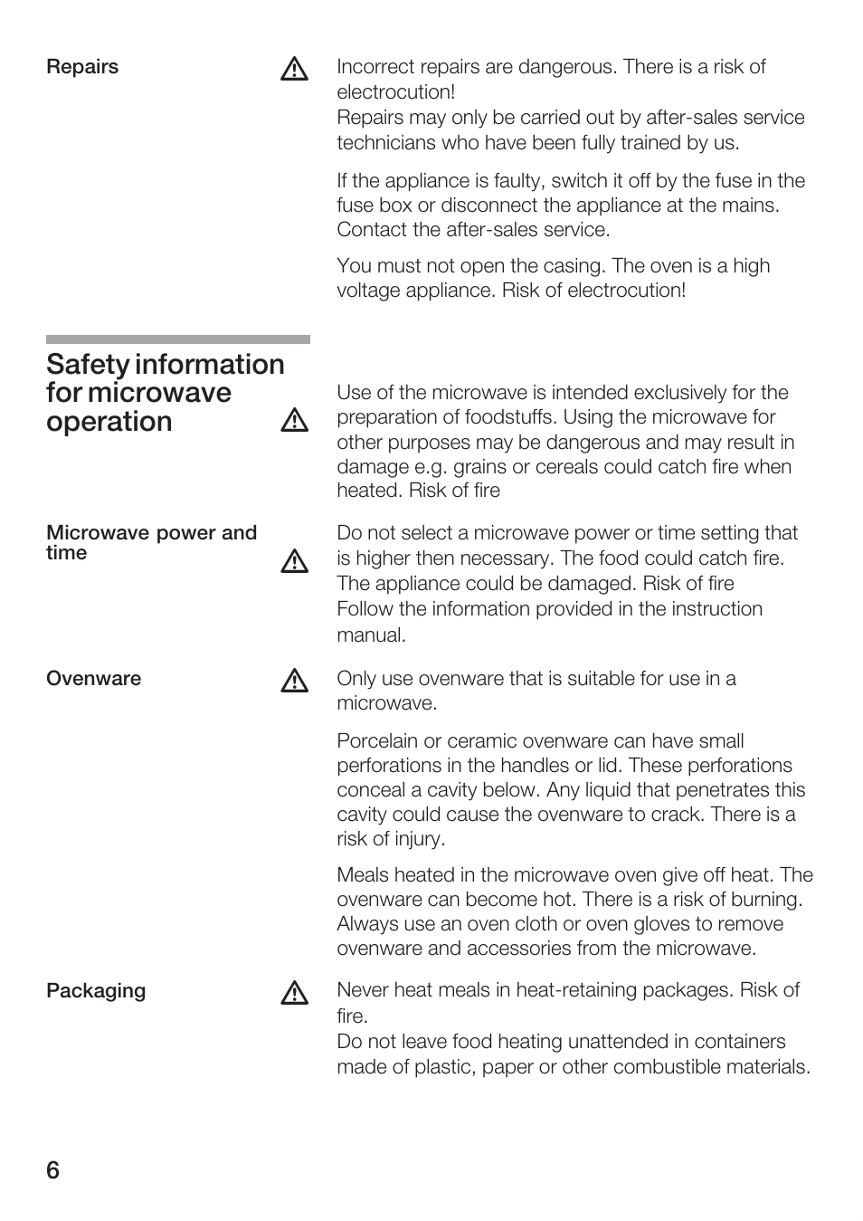 Safety information for microwave operation | Bosch HBC84K5.0A User Manual | Page 6 / 52