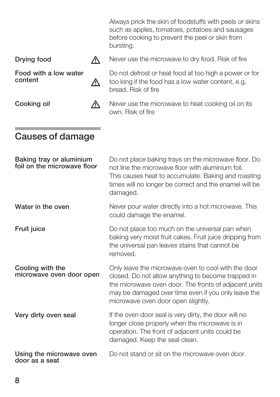 Causes of damage | Bosch HBC84K5.0A User Manual | Page 8 / 52