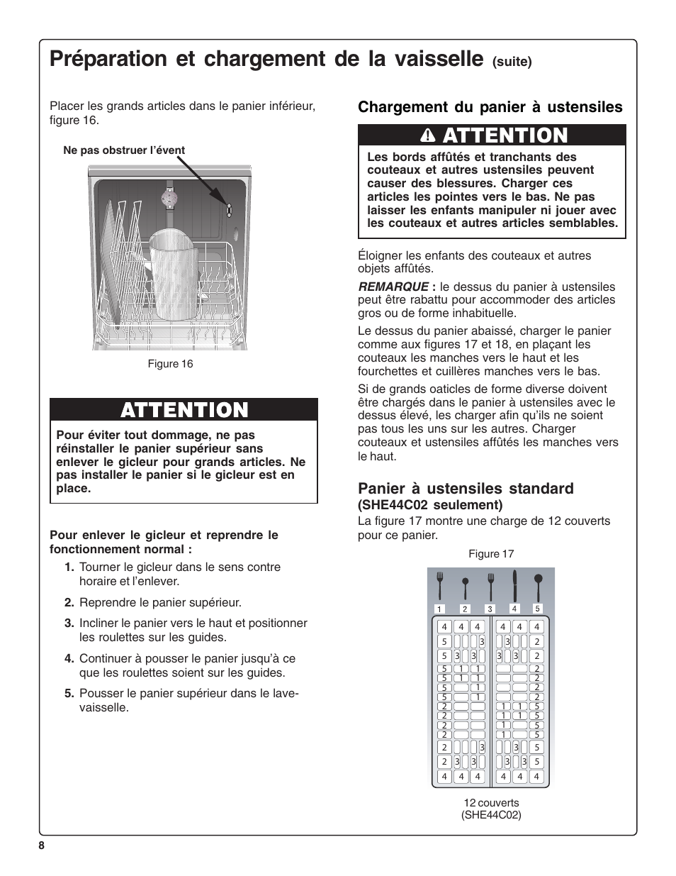 Préparation et chargement de la vaisselle, Attention, Panier à ustensiles standard | Chargement du panier à ustensiles | Bosch SHE44C User Manual | Page 30 / 64