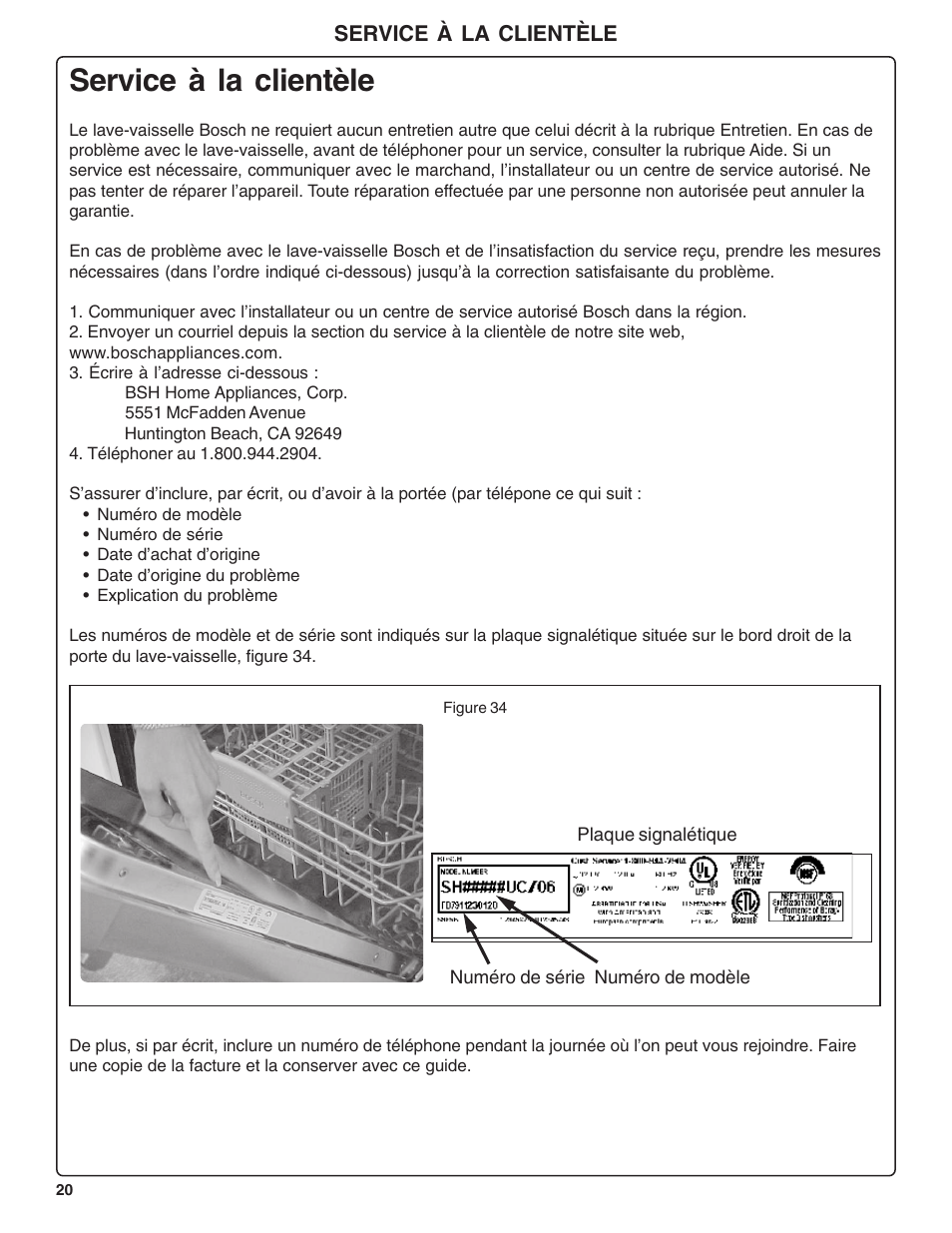 Service à la clientèle | Bosch SHE44C User Manual | Page 42 / 64