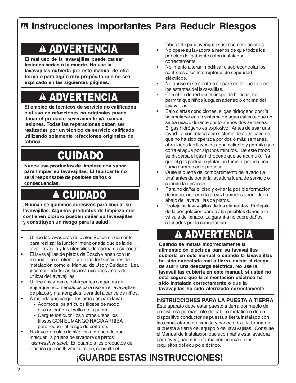 Advertencia cuidado advertencia advertencia, Instrucciones importantes para reducir riesgos, Guarde estas instrucciones | Bosch SHE44C User Manual | Page 44 / 64