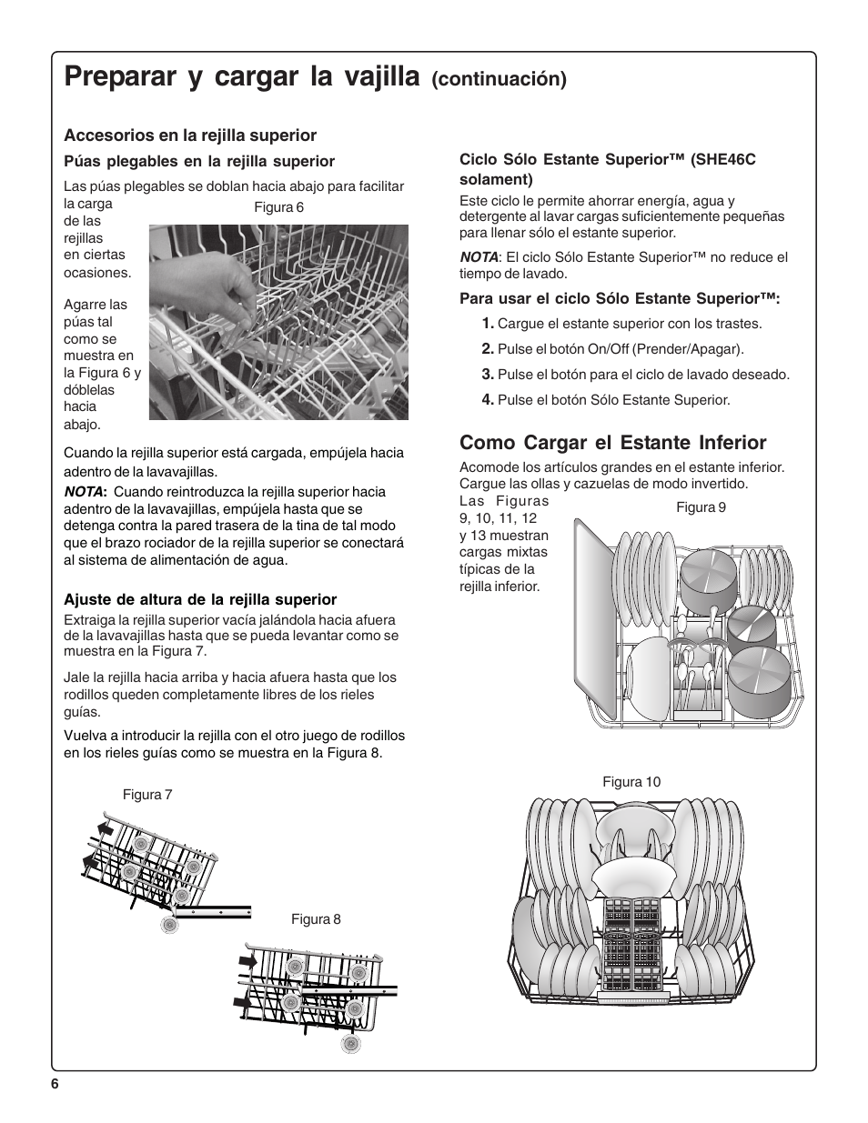 Preparar y cargar la vajilla, Continuación), Como cargar el estante inferior | Bosch SHE44C User Manual | Page 48 / 64