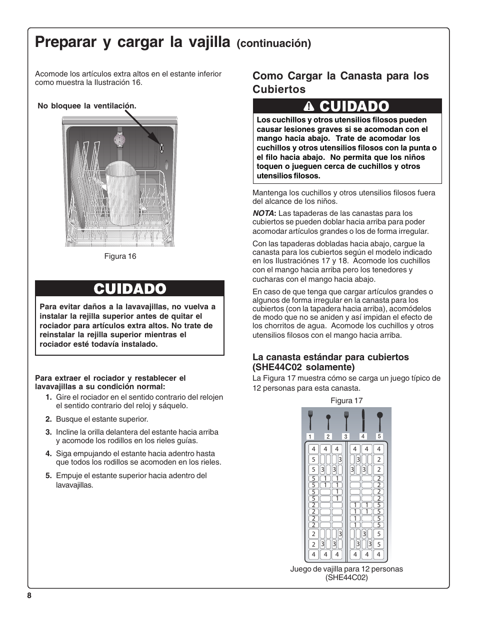 Preparar y cargar la vajilla, Cuidado, Como cargar la canasta para los cubiertos | Continuación) | Bosch SHE44C User Manual | Page 50 / 64