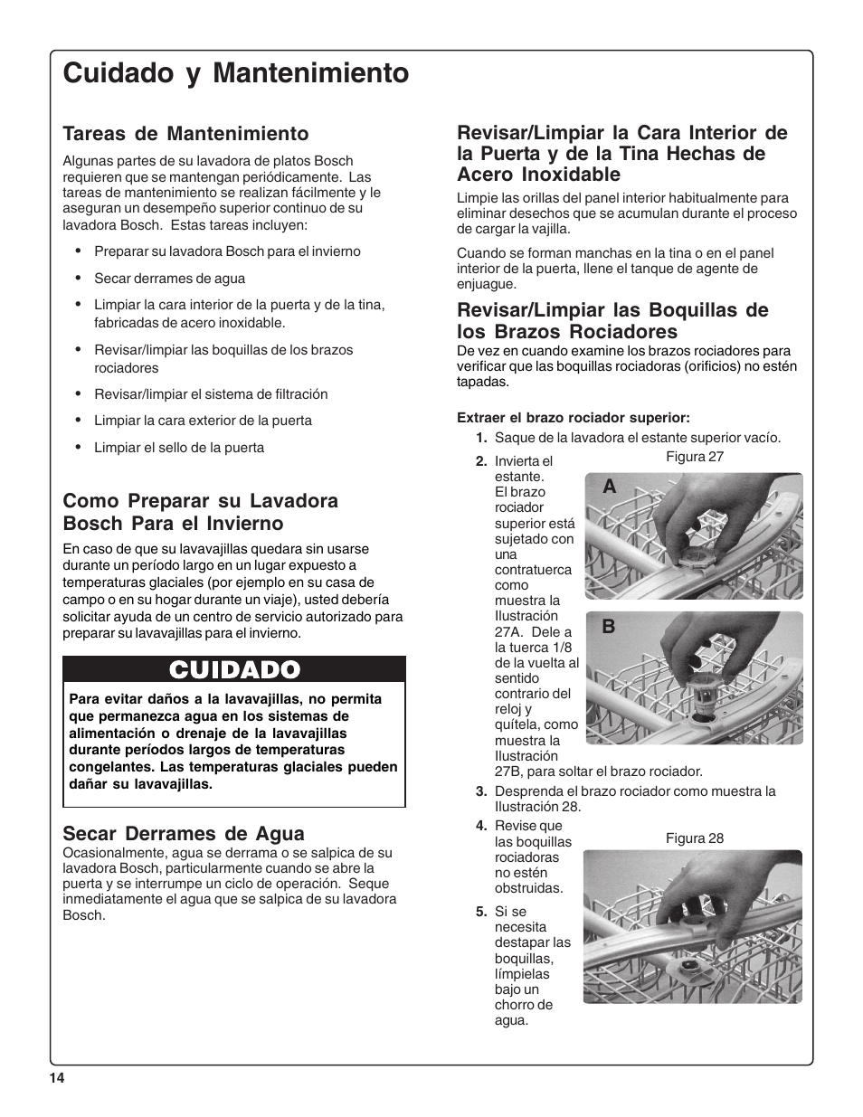 Cuidado y mantenimiento, Tareas de mantenimiento, Como preparar su lavadora bosch para el invierno | Secar derrames de agua | Bosch SHE44C User Manual | Page 56 / 64