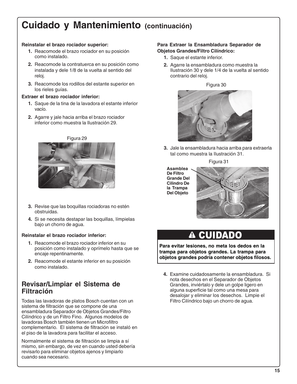 Cuidado y mantenimiento, Cuidado, Continuación) | Revisar/limpiar el sistema de filtración | Bosch SHE44C User Manual | Page 57 / 64