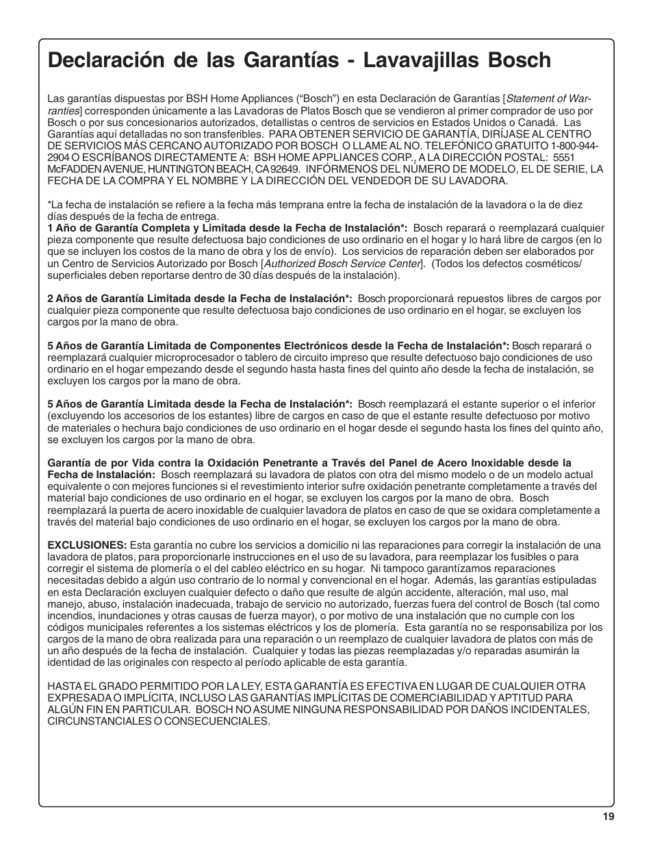 Declaración de las garantías - lavavajillas bosch | Bosch SHE44C User Manual | Page 61 / 64