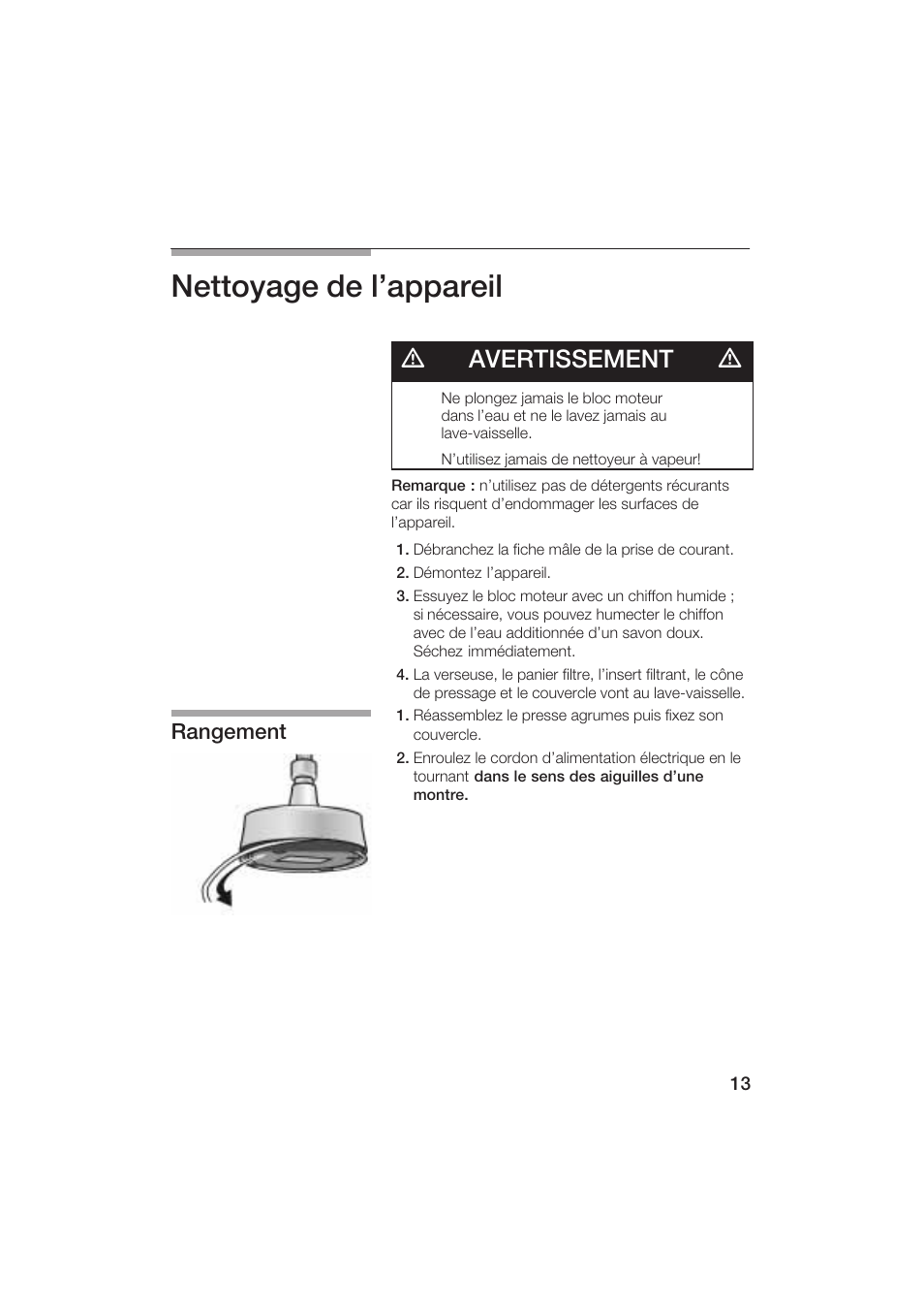 Nettoyage de l'appareil, Davertissement d, Rangement | Bosch MCP 3500 User Manual | Page 13 / 24