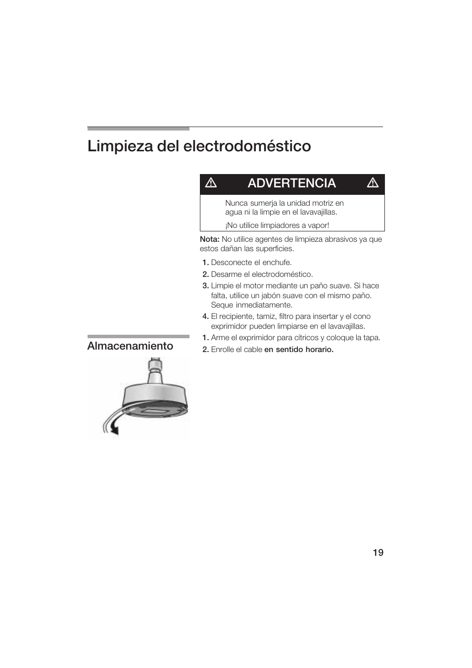 Limpieza del electrodoméstico, Dadvertencia d | Bosch MCP 3500 User Manual | Page 19 / 24