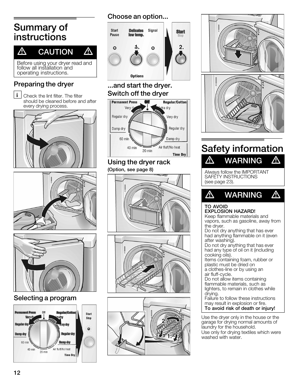Summary of instructions d, Safety information d, Caution | Warning | Bosch WTMC3321US User Manual | Page 12 / 64