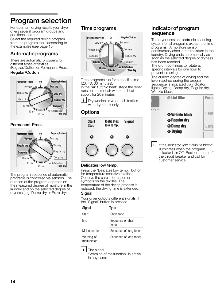 Program selection, Automatic programs, Time programs | Options, Indicator of program sequence | Bosch WTMC3321US User Manual | Page 14 / 64