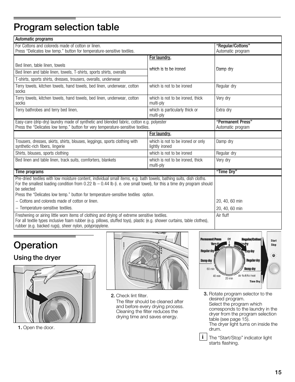 Program selection table, Operation, Using the dryer | Bosch WTMC3321US User Manual | Page 15 / 64