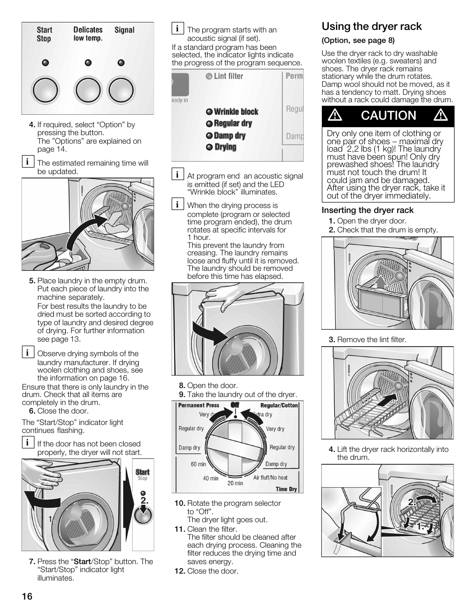 Caution, Using the dryer rack | Bosch WTMC3321US User Manual | Page 16 / 64