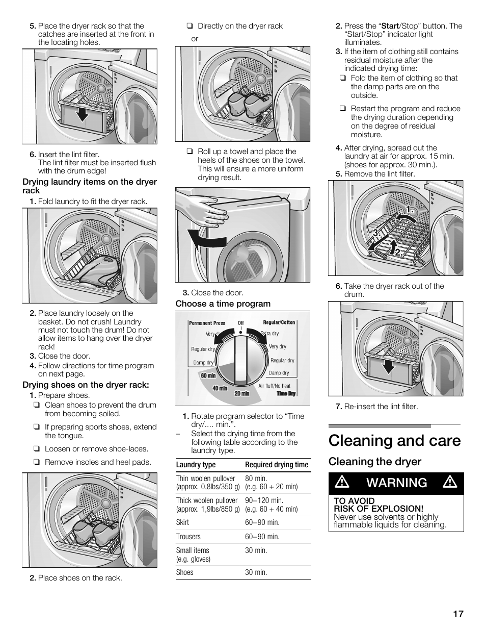 Cleaning and care, Warning, Cleaning the dryer | Bosch WTMC3321US User Manual | Page 17 / 64