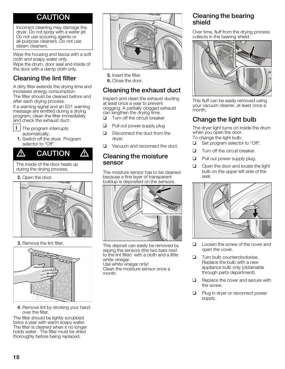 Caution, Cleaning the lint filter, Cleaning the exhaust duct | Cleaning the moisture sensor, Cleaning the bearing shield, Change the light bulb | Bosch WTMC3321US User Manual | Page 18 / 64