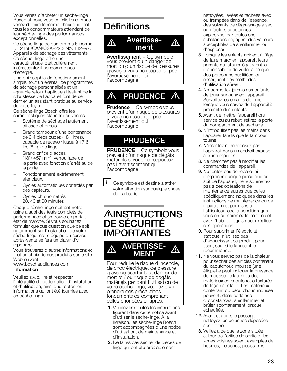 Définitions d, Dinstructions de sécurité importantes d, Avertisseć ment | Prudence | Bosch WTMC3321US User Manual | Page 23 / 64