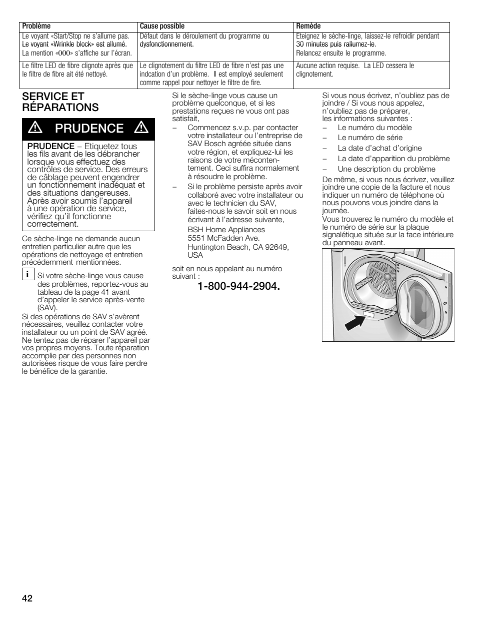 Prudence, Service et réparations | Bosch WTMC3321US User Manual | Page 42 / 64