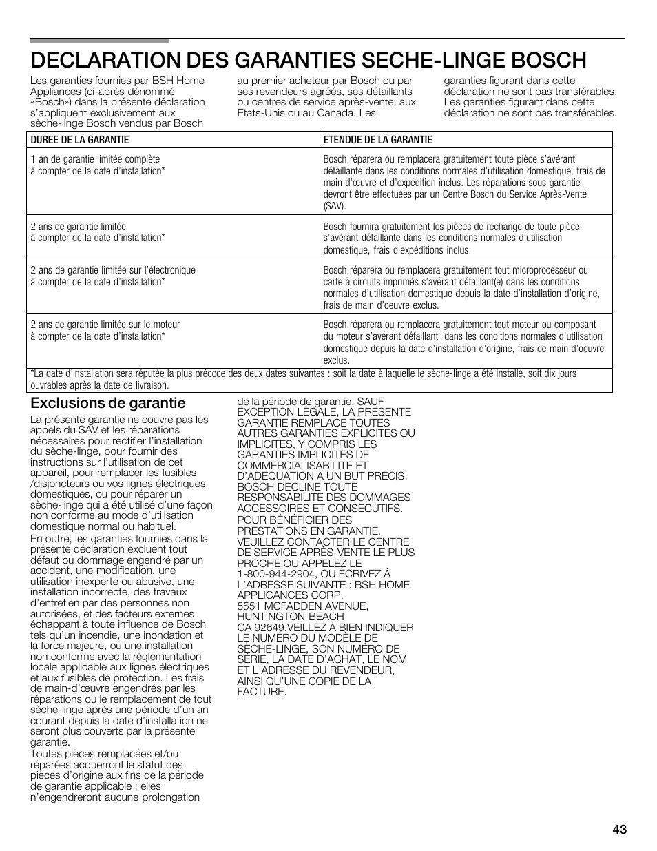 Declaration des garanties sechećlinge bosch, Exclusions de garantie | Bosch WTMC3321US User Manual | Page 43 / 64