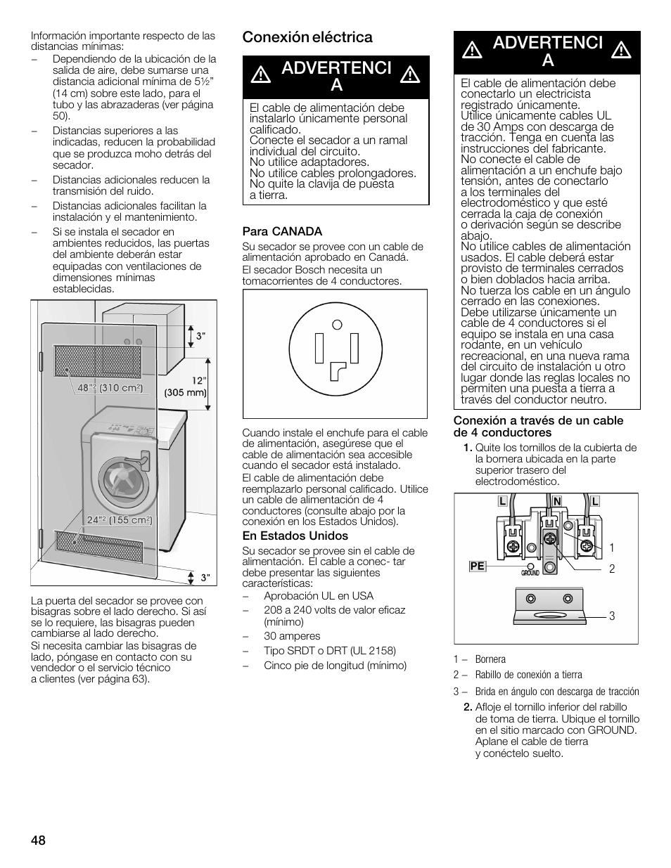 Advertenci a, Conexión eléctrica | Bosch WTMC3321US User Manual | Page 48 / 64