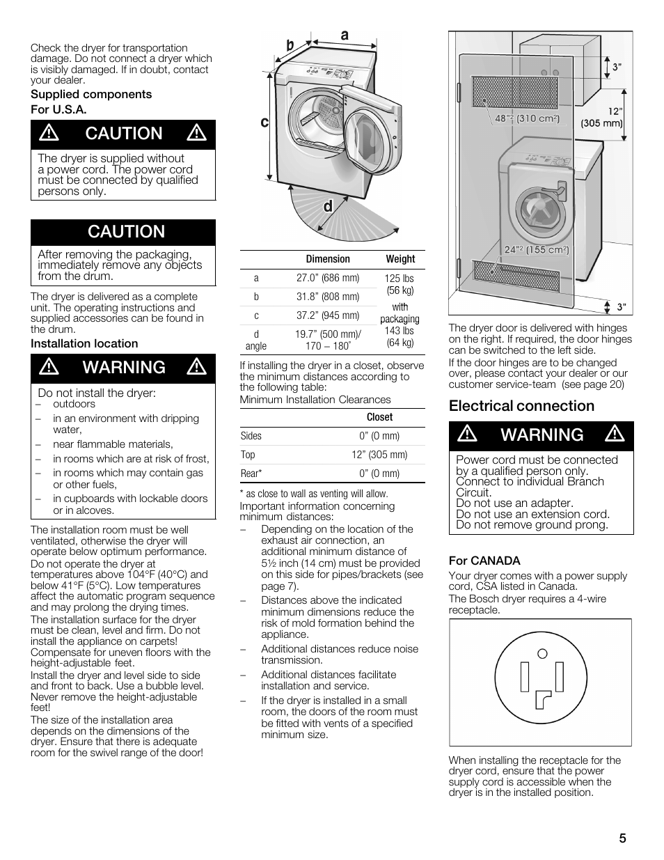 Caution, Warning, Electrical connection | Bosch WTMC3321US User Manual | Page 5 / 64